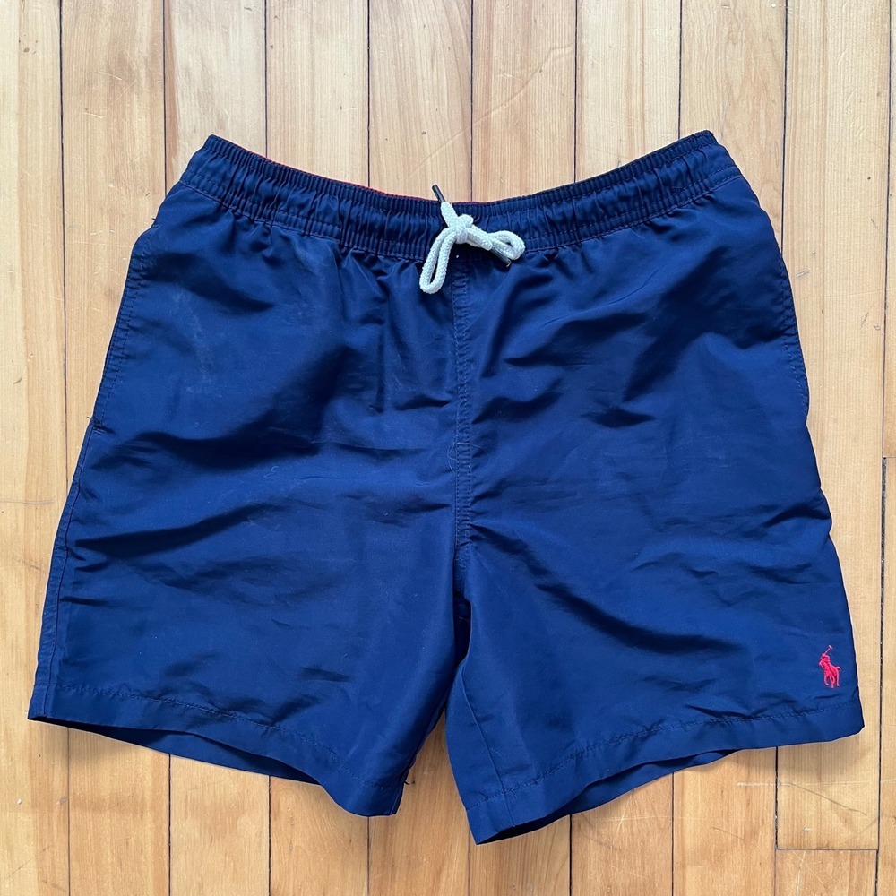Ralph Lauren Swim Trunk Navy Blue Red Elastic Waist Drawstring Boys Size L 14/16